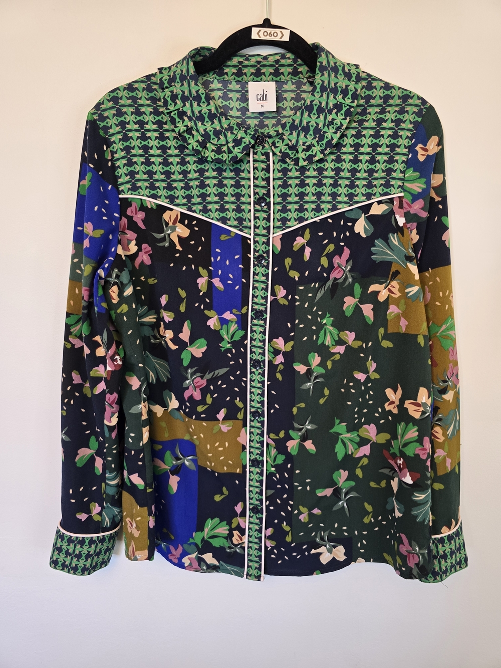Cabi Floral Patchwork Button-Front Blouse in Green Multi